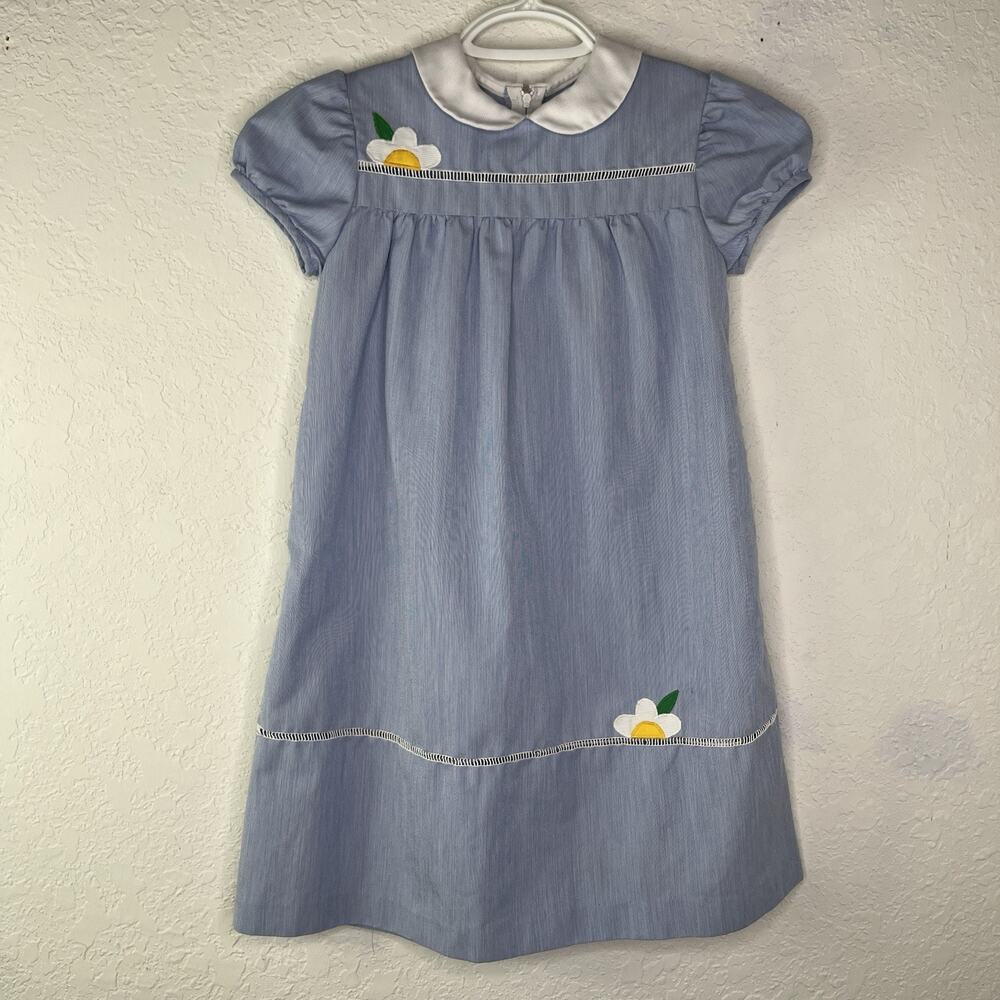 Florence Eiseman Girls Dress Size 6X Pinstriped long floral and lattice applique